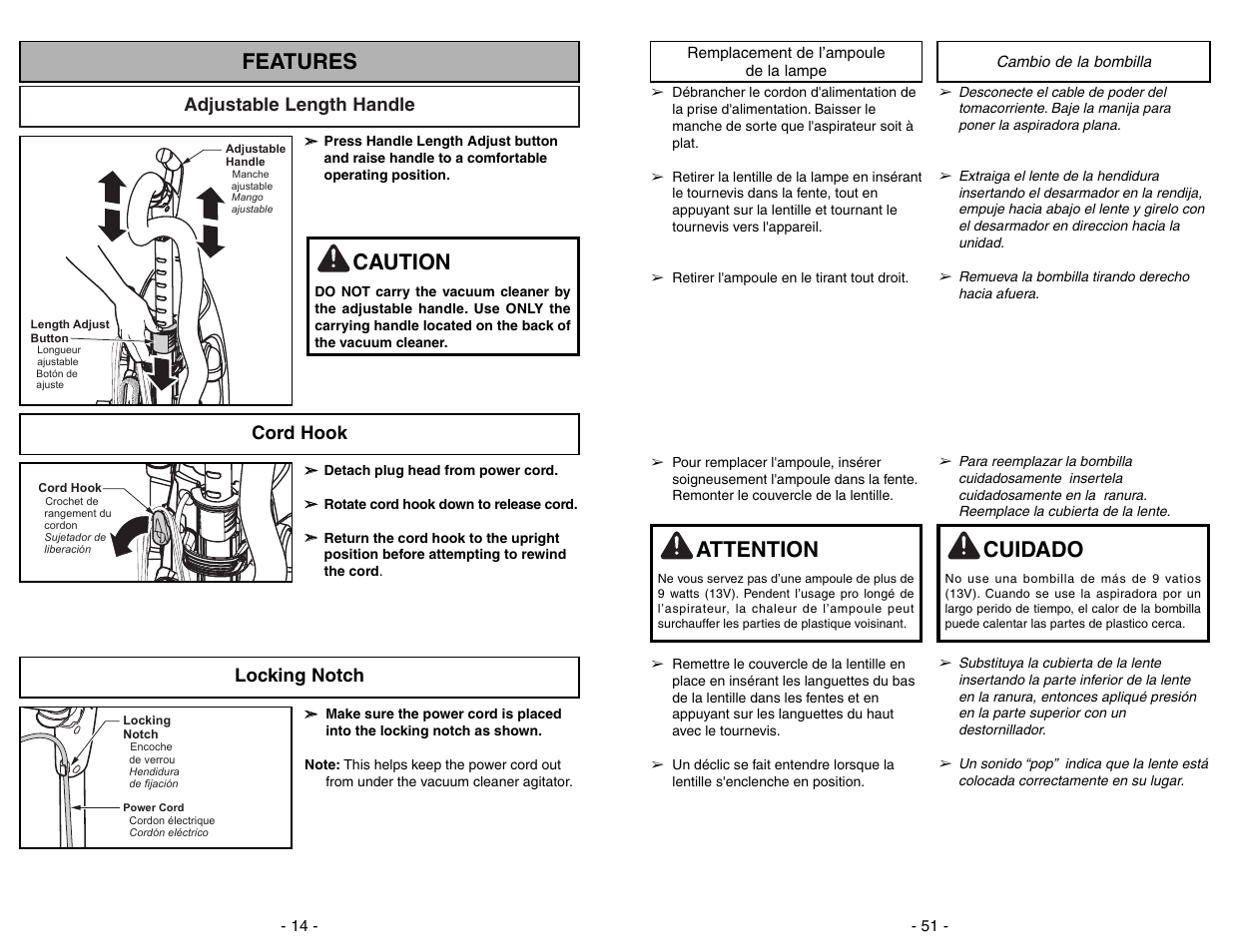 Remplacement de l'ampoule de la lampe, Cambio de la bombilla, Features | Caution, Attention, Cuidado, Adjustable length handle, Cord hook locking notch | Panasonic MC-V7722 User Manual | Page 51 / 64