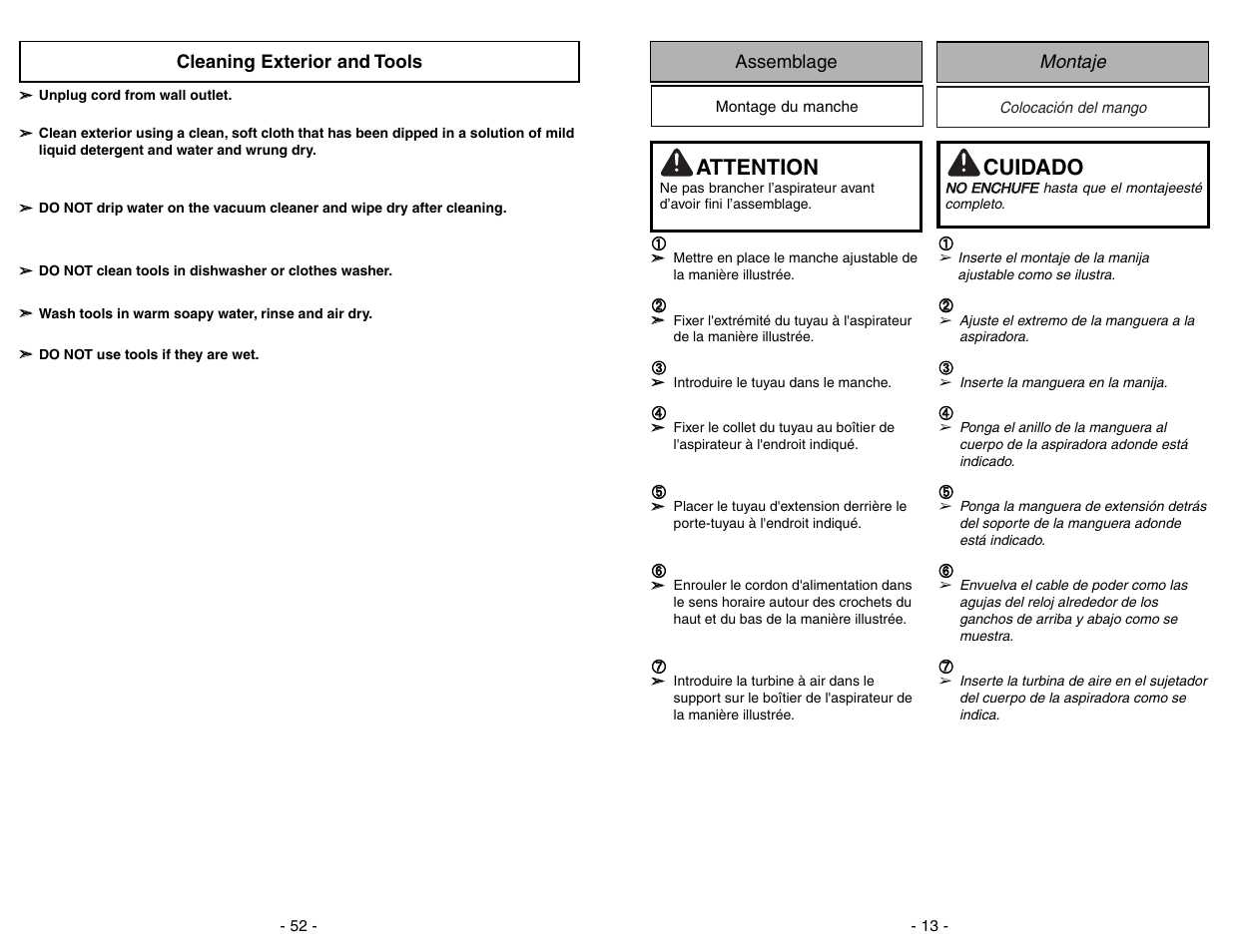 Cleaning exterior and tools, Cuidado, Attention | Panasonic MC-V7722 User Manual | Page 52 / 64