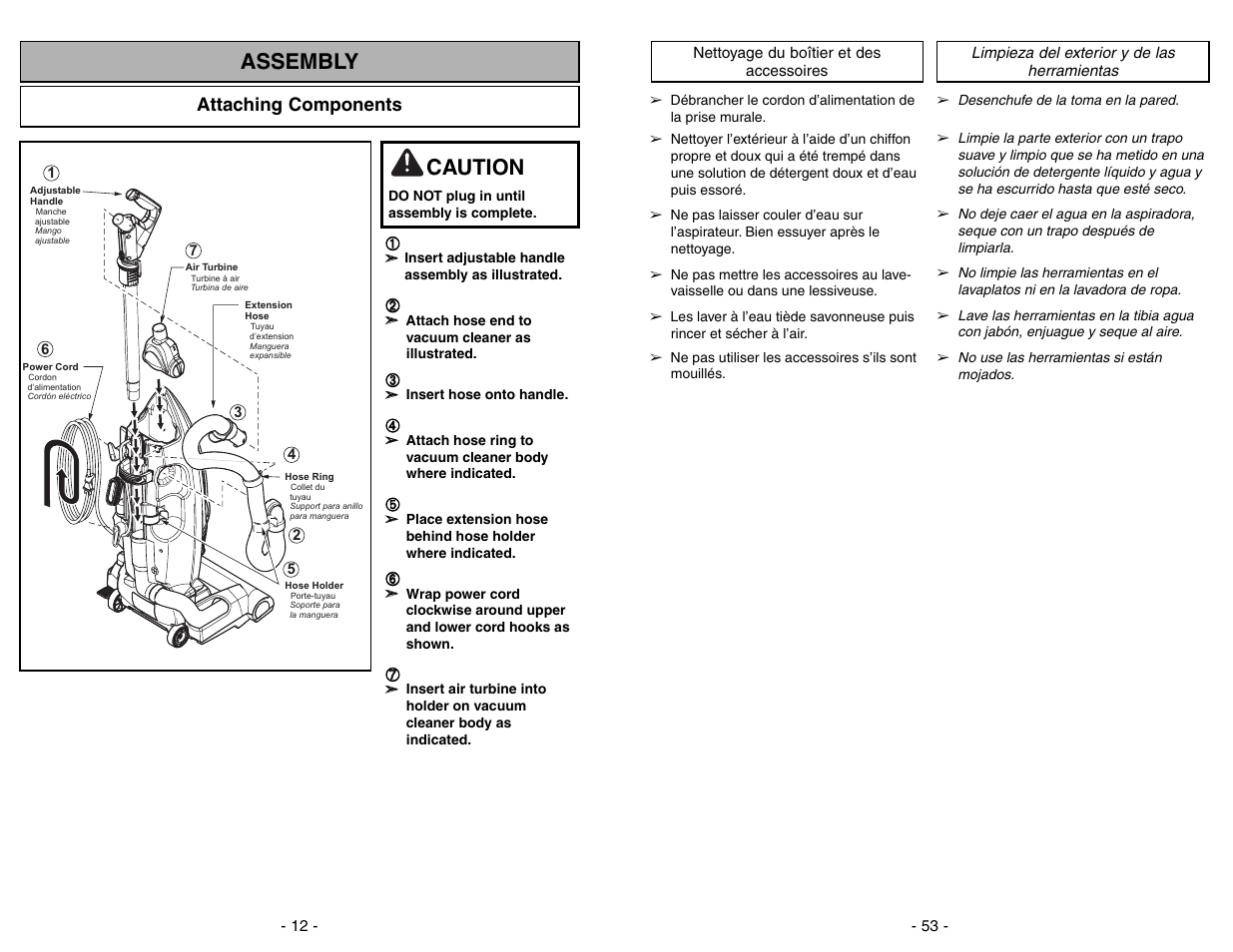 Nettoyage du boitier et des accessoires, Limpieza del exterior y de los herramientas, Assembly | Caution, Attaching components | Panasonic MC-V7722 User Manual | Page 53 / 64