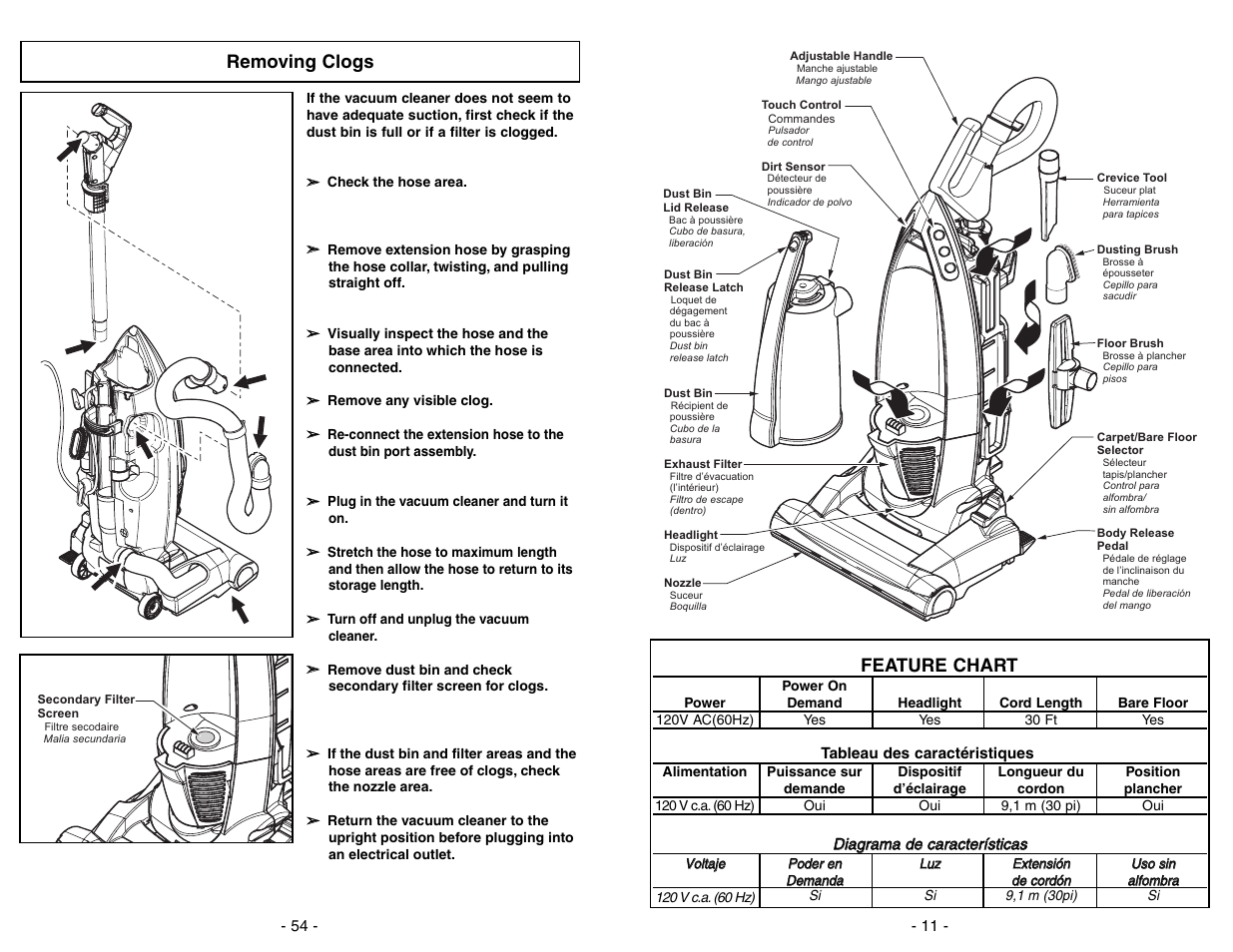 Removing clogs, Feature chart | Panasonic MC-V7722 User Manual | Page 54 / 64