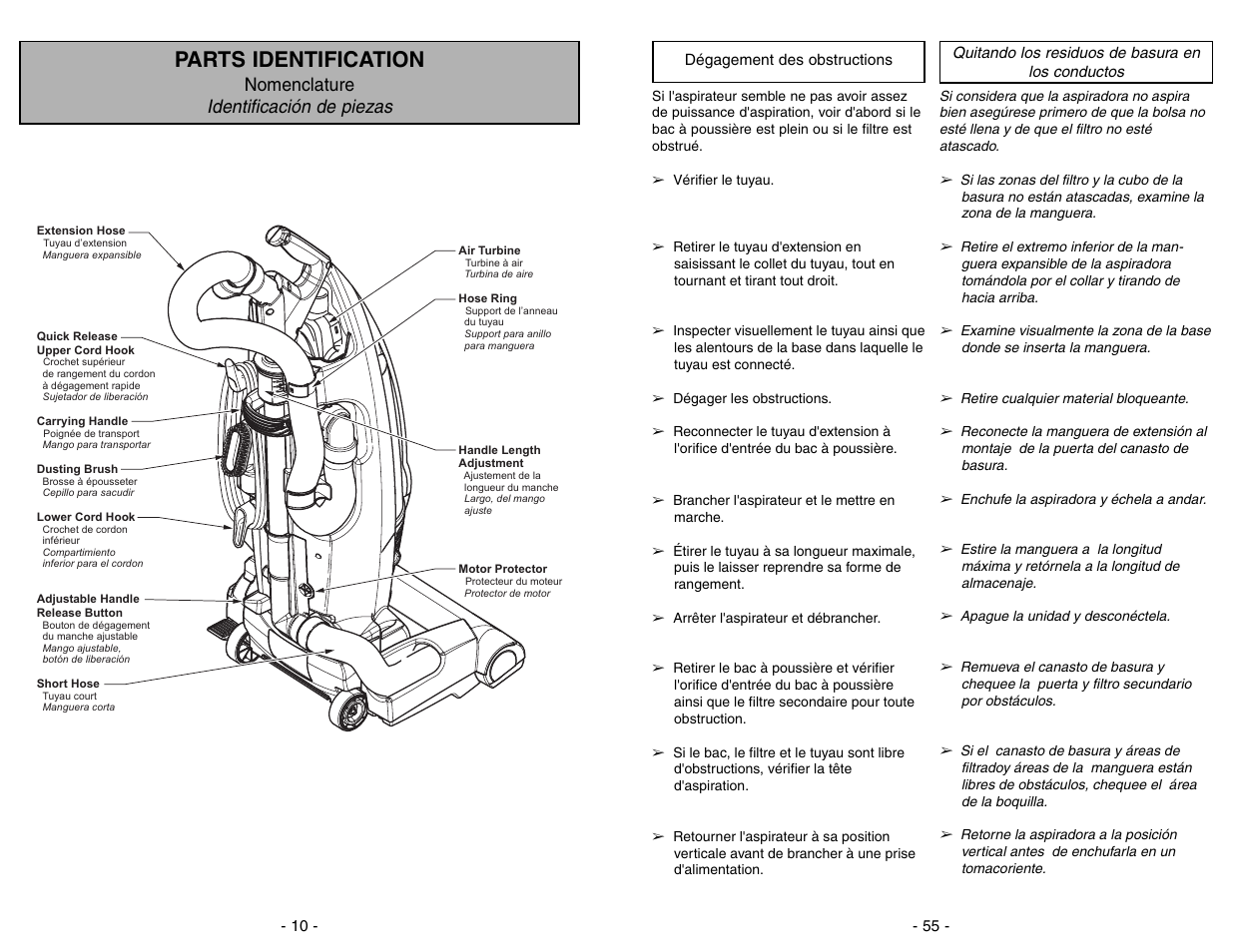 Degagement des obstructions, Quitando los residuos de basura en los conductos, Parts identification | Nomenclature identificación de piezas | Panasonic MC-V7722 User Manual | Page 55 / 64