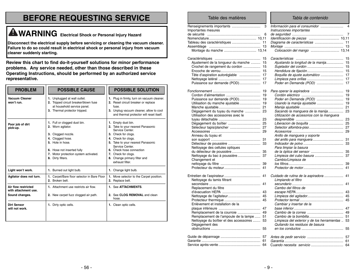 Before requesting service, Warning | Panasonic MC-V7722 User Manual | Page 56 / 64