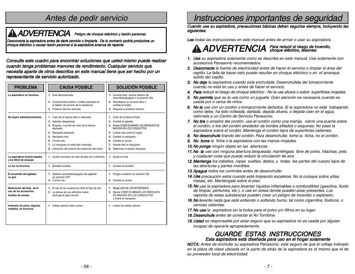 Instrucciones importantes de seguridad, Aad dv ve er rt te en nc ciia a, Antes de pedir servicio | Panasonic MC-V7722 User Manual | Page 58 / 64