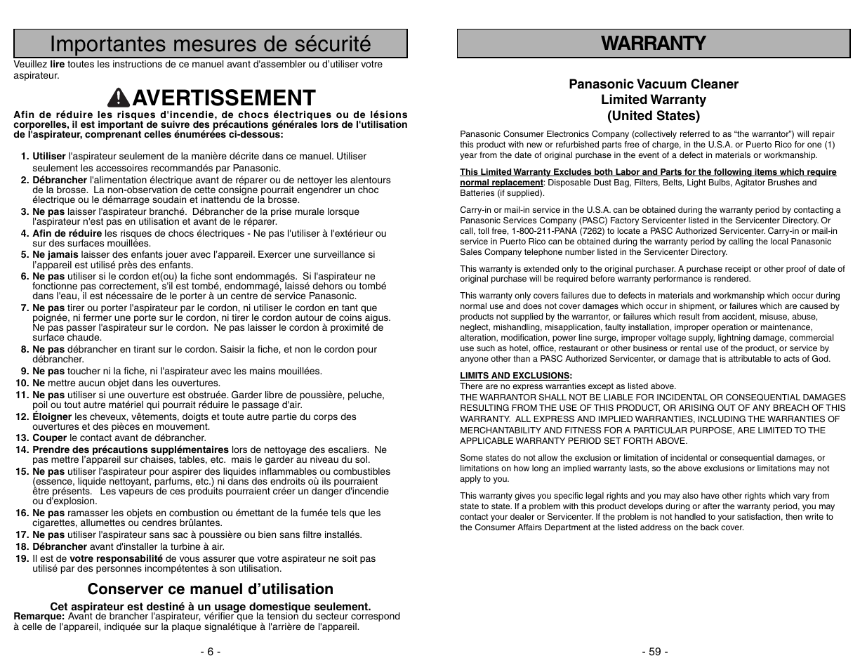 Warranty, Importantes mesures de sécurité, Avertissement | Conserver ce manuel d’utilisation | Panasonic MC-V7722 User Manual | Page 59 / 64