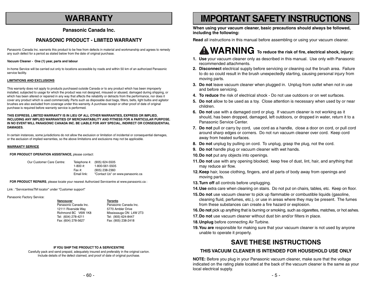 Important safety instructions, Warning, Warranty | Save these instructions | Panasonic MC-V7722 User Manual | Page 60 / 64