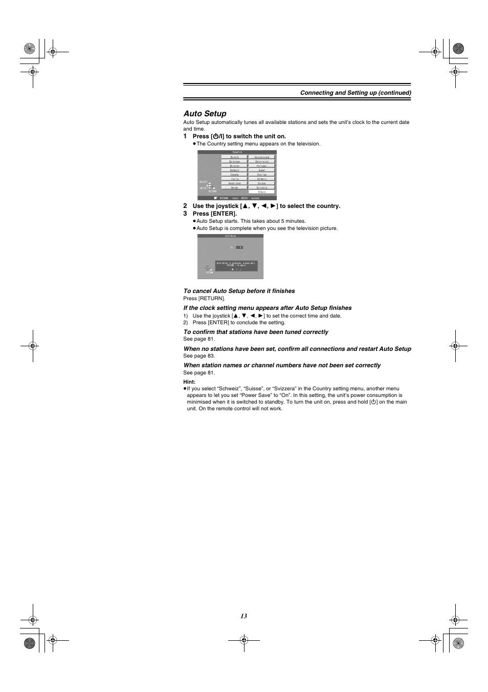 Auto setup | Panasonic DMR-E20 User Manual | Page 13 / 95