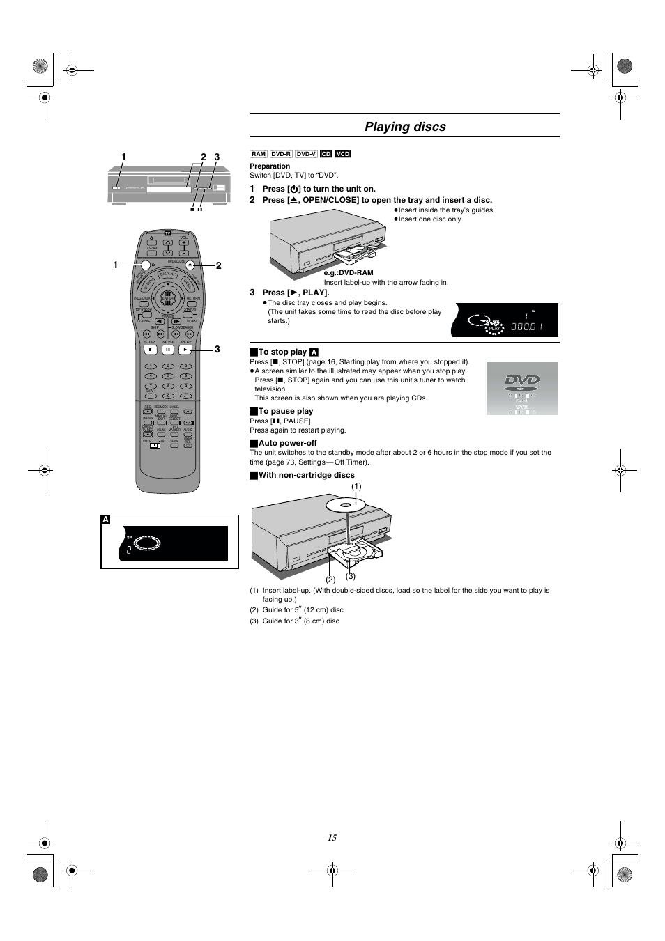 Playing discs, 1) (2) (3) a, Press [ 1 , play | ª to stop play [a, ª to pause play, ª auto power-off, ª with non-cartridge discs | Panasonic DMR-E20 User Manual | Page 15 / 95