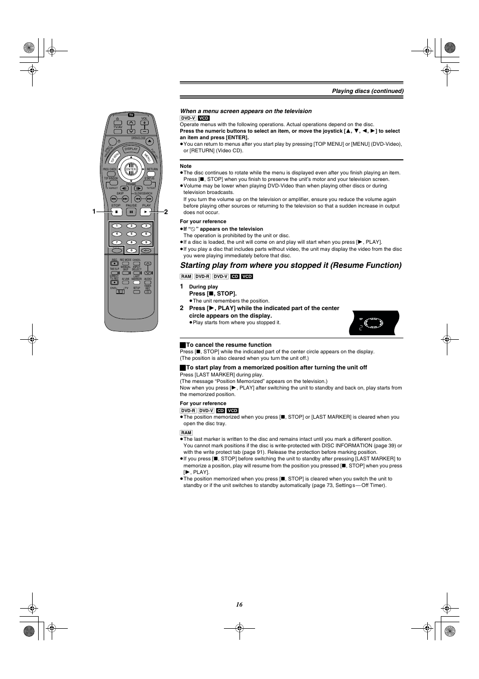 When a menu screen appears on the television, Playing discs (continued), Press [ ∫ , stop | ª to cancel the resume function | Panasonic DMR-E20 User Manual | Page 16 / 95