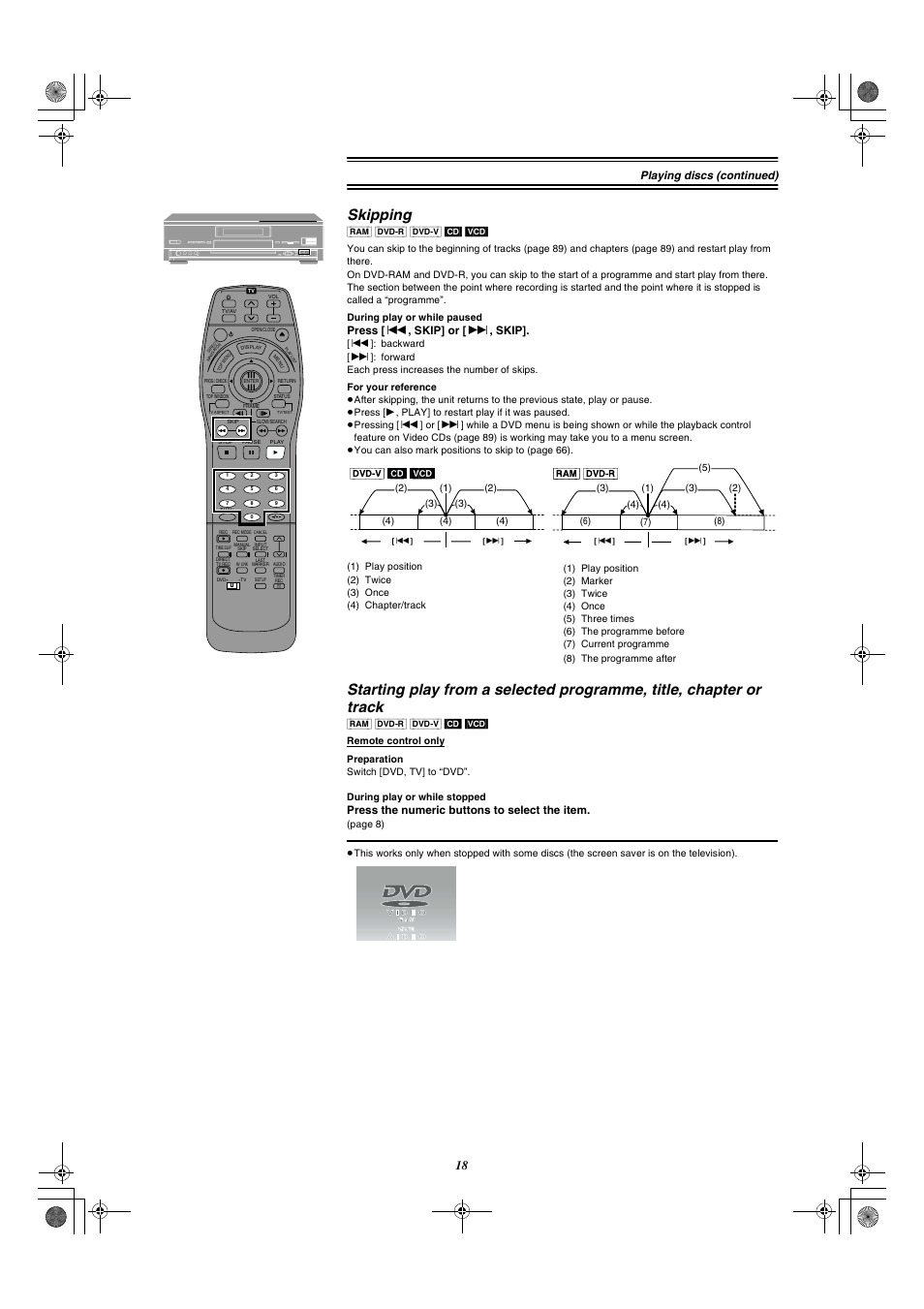 Skipping, Playing discs (continued), Press [ : , skip] or [ 9 , skip | Press the numeric buttons to select the item | Panasonic DMR-E20 User Manual | Page 18 / 95