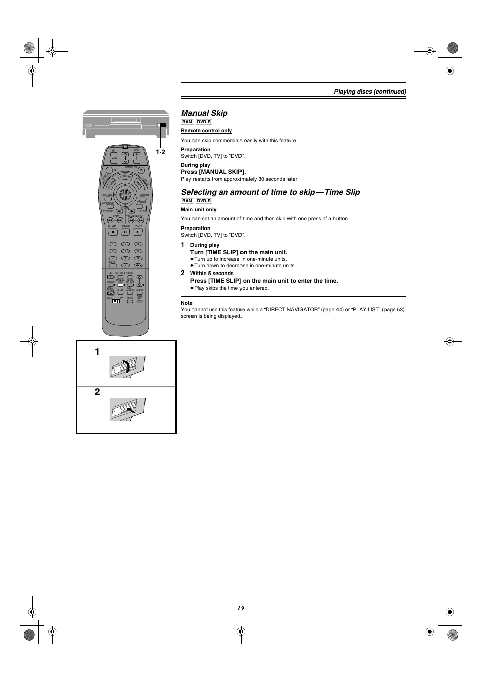 Manual skip, Selecting an amount of time to skip—time slip, Selecting an amount of time to skip — time slip | Top window enter return, Playing discs (continued), Press [manual skip, Turn [time slip] on the main unit | Panasonic DMR-E20 User Manual | Page 19 / 95