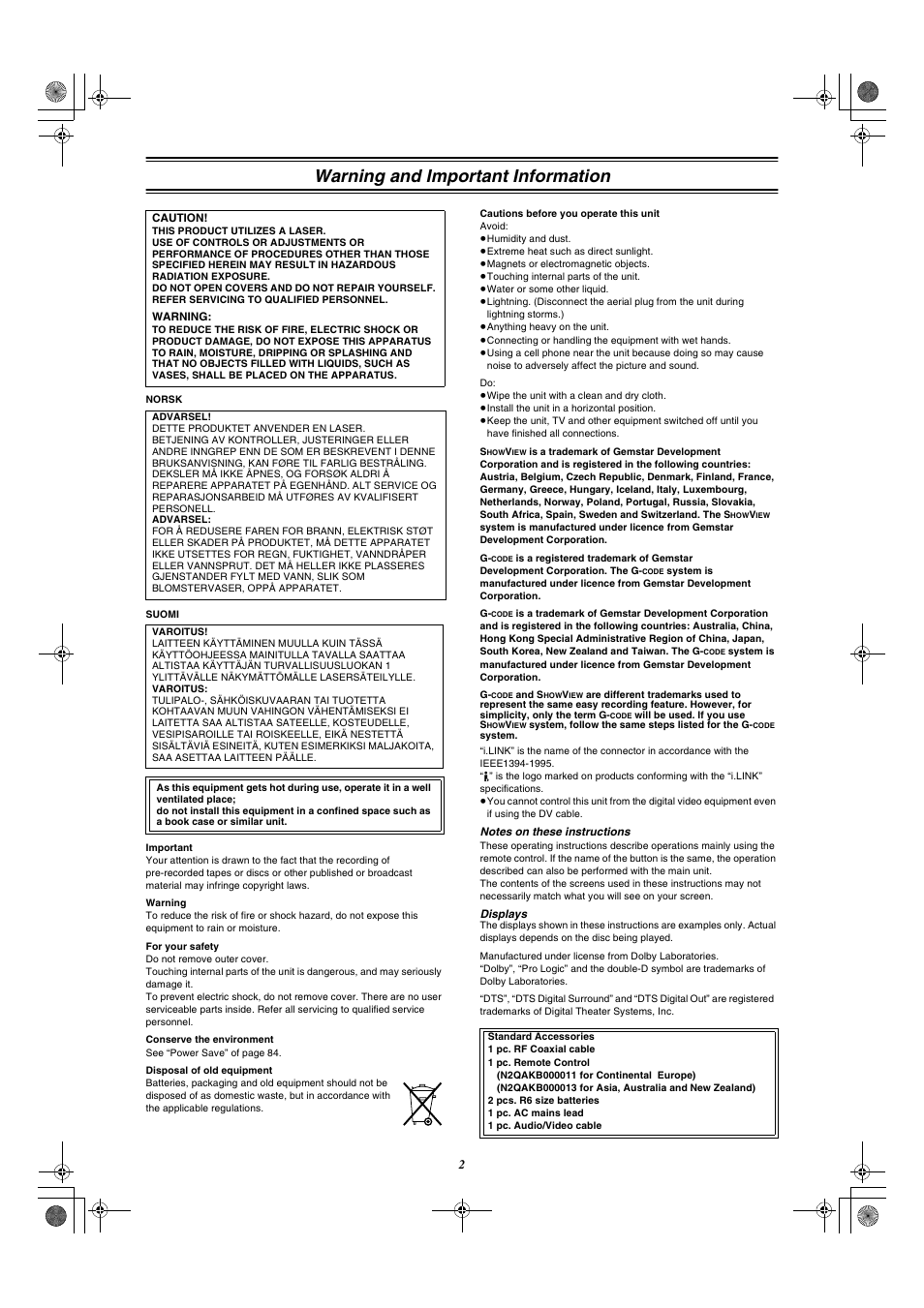 Warning and important information | Panasonic DMR-E20 User Manual | Page 2 / 95