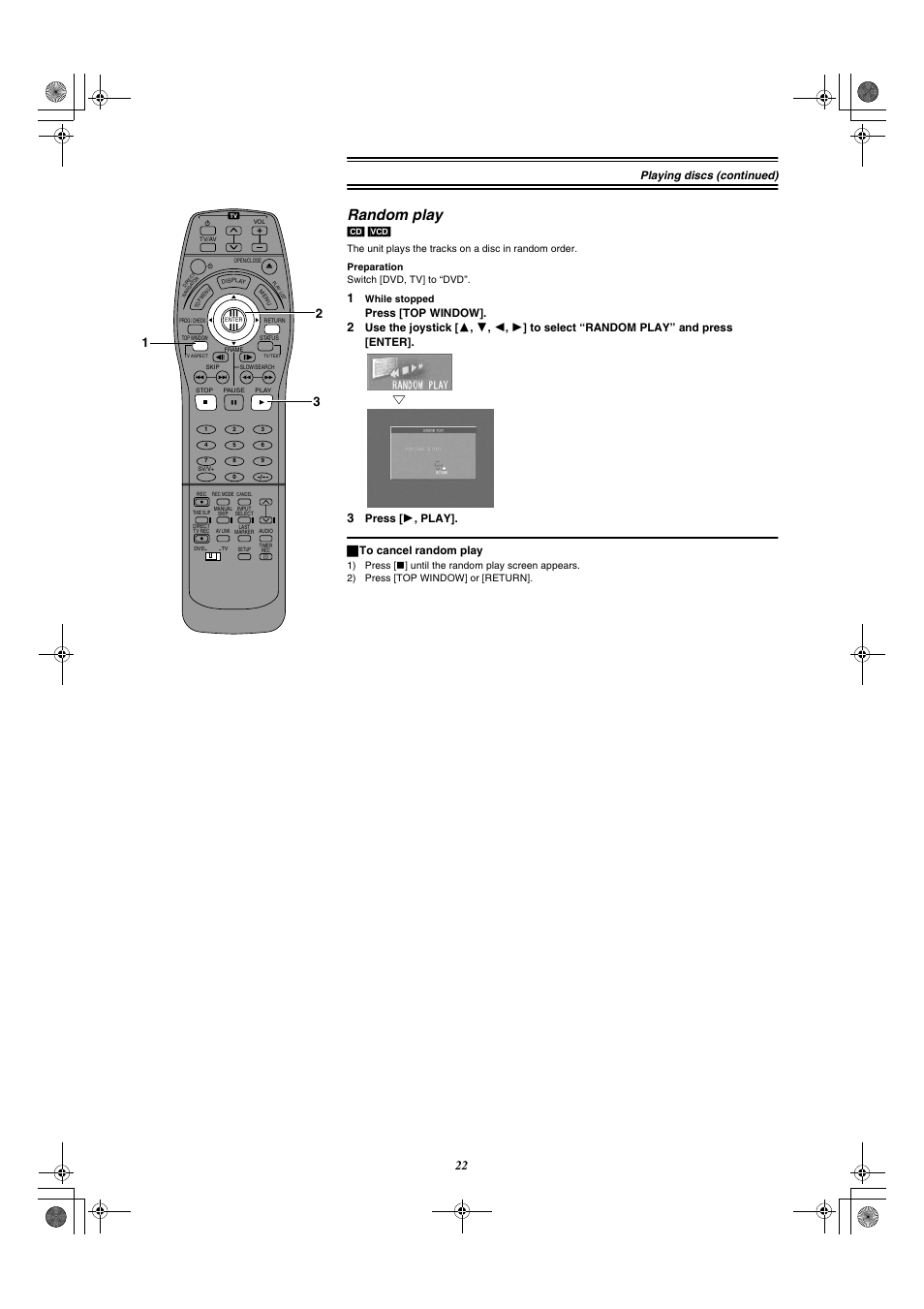 Random play, Playing discs (continued), Press [top window | Press [ 1 , play]. ª to cancel random play | Panasonic DMR-E20 User Manual | Page 22 / 95