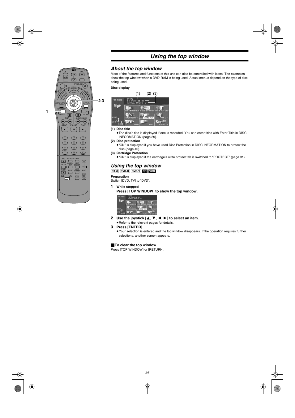 Using the top window, About the top window, Press [top window] to show the top window | Press [enter, ª to clear the top window | Panasonic DMR-E20 User Manual | Page 28 / 95