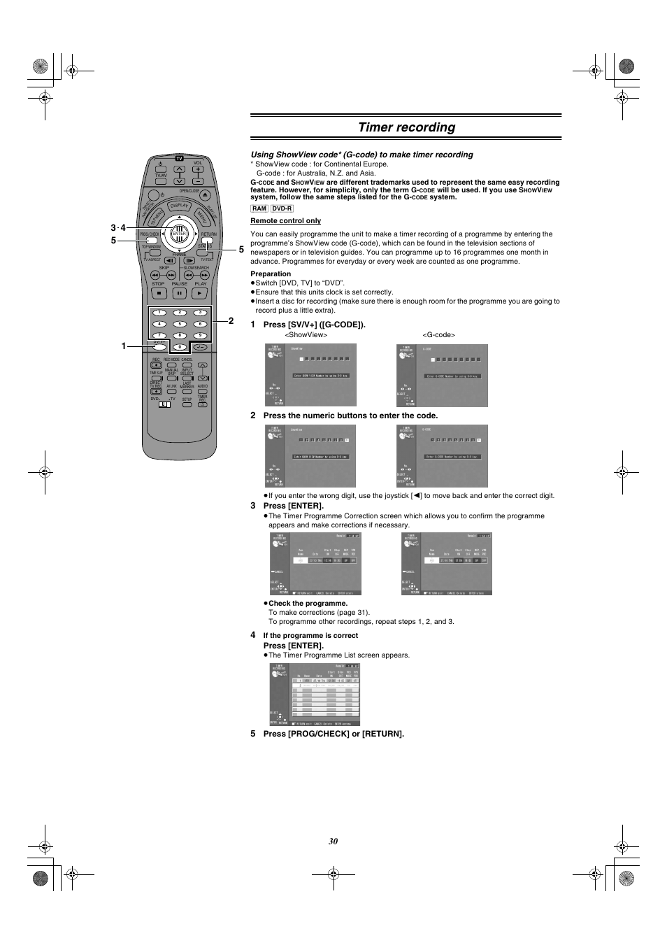 Timer recording, Using showview, Code* (g-code) to make timer recording | Press [sv/v+] ([g-code]), Press the numeric buttons to enter the code, Press [enter, Press [prog/check] or [return | Panasonic DMR-E20 User Manual | Page 30 / 95