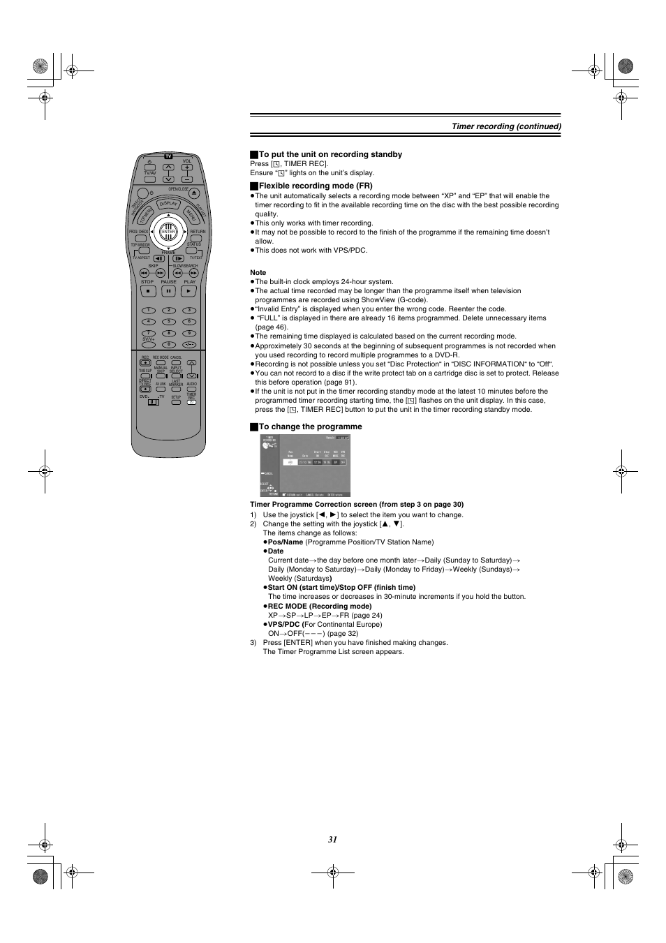 Timer recording (continued), ª to put the unit on recording standby, ª flexible recording mode (fr) | ª to change the programme | Panasonic DMR-E20 User Manual | Page 31 / 95