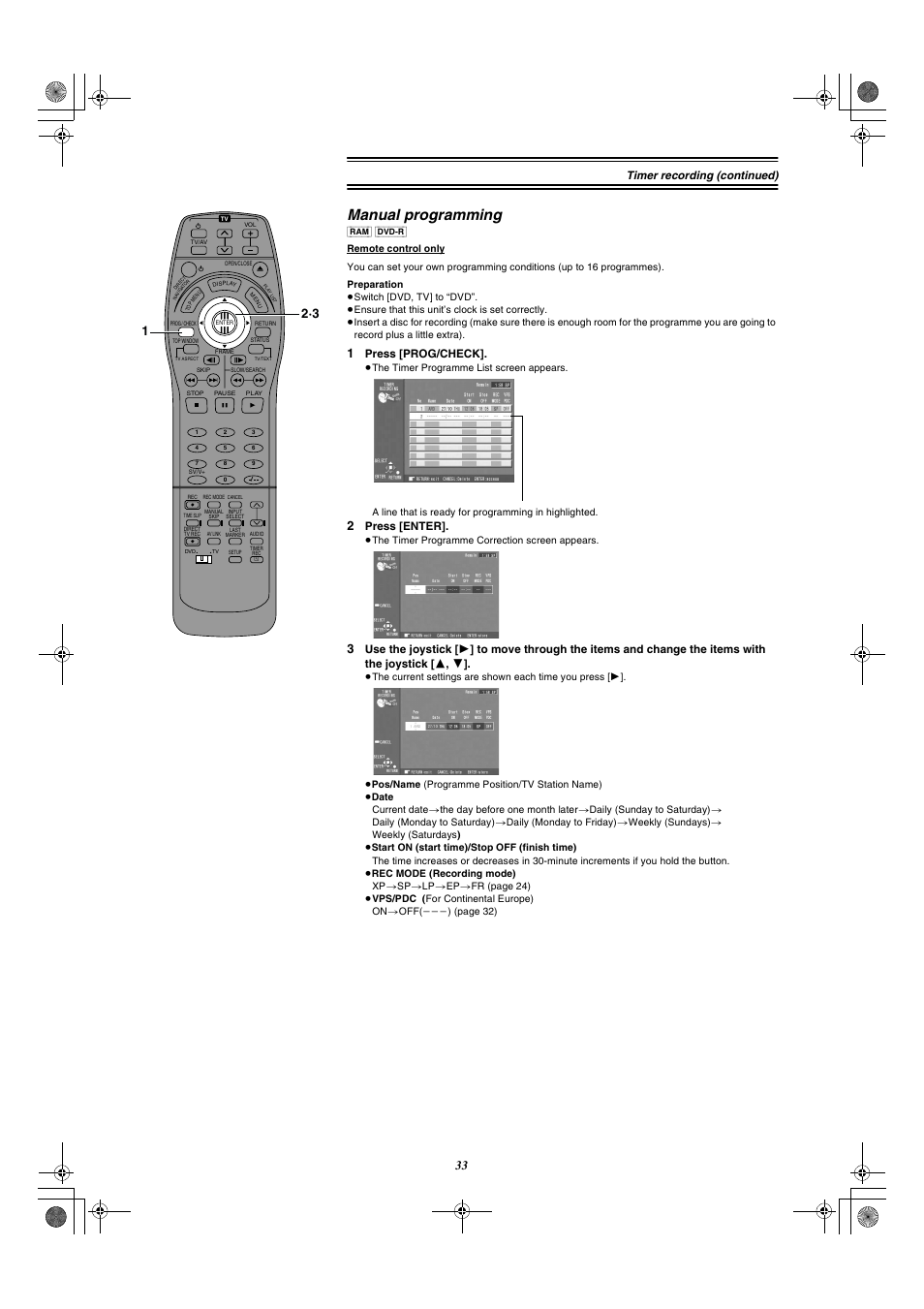 Manual programming, Timer recording (continued), Press [prog/check | Press [enter | Panasonic DMR-E20 User Manual | Page 33 / 95