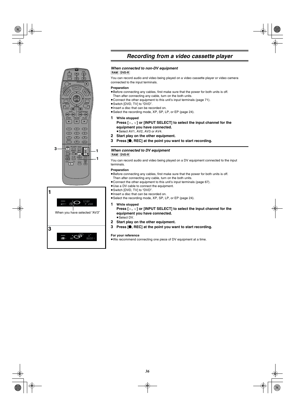 Recording from a video cassette player, When connected to non-dv equipment, When connected to dv equipment | Start play on the other equipment | Panasonic DMR-E20 User Manual | Page 36 / 95