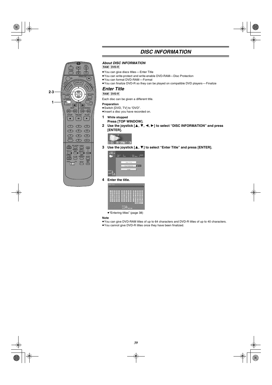 Disc information, Enter title, About disc information | Press [top window, Enter the title | Panasonic DMR-E20 User Manual | Page 39 / 95