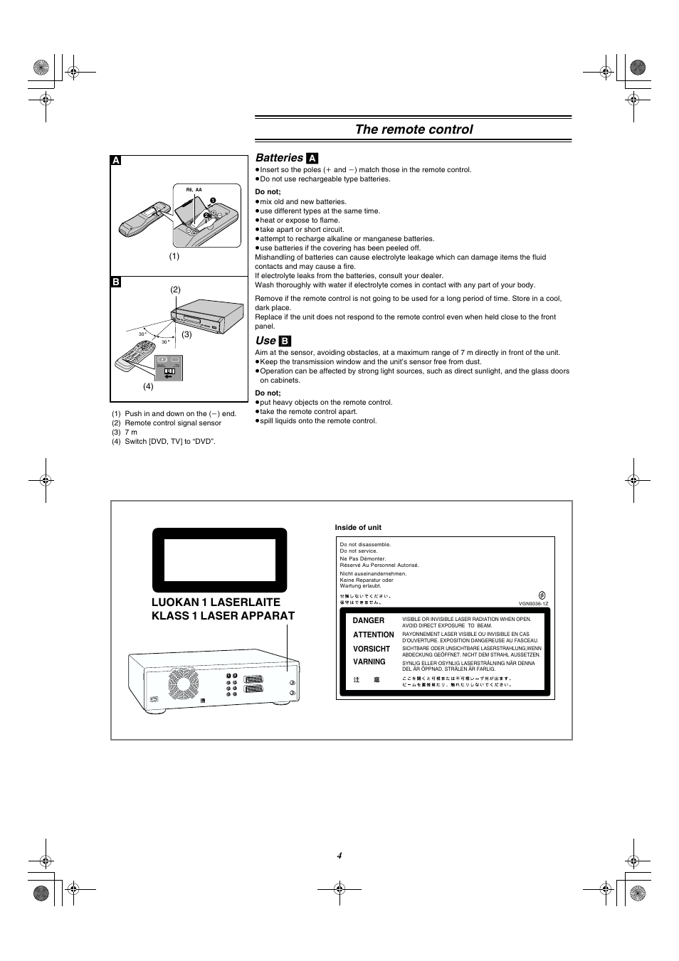 The remote control, Batteries [a, Use [b | Class 1 laser product, Batteries, Luokan 1 laserlaite klass 1 laser apparat | Panasonic DMR-E20 User Manual | Page 4 / 95