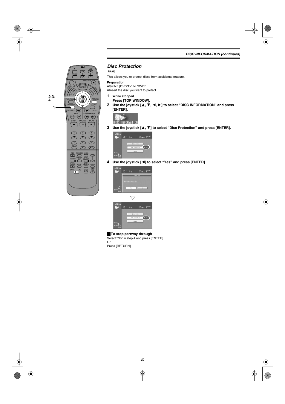 Disc protection, E 40), Disc information (continued) | Press [top window | Panasonic DMR-E20 User Manual | Page 40 / 95