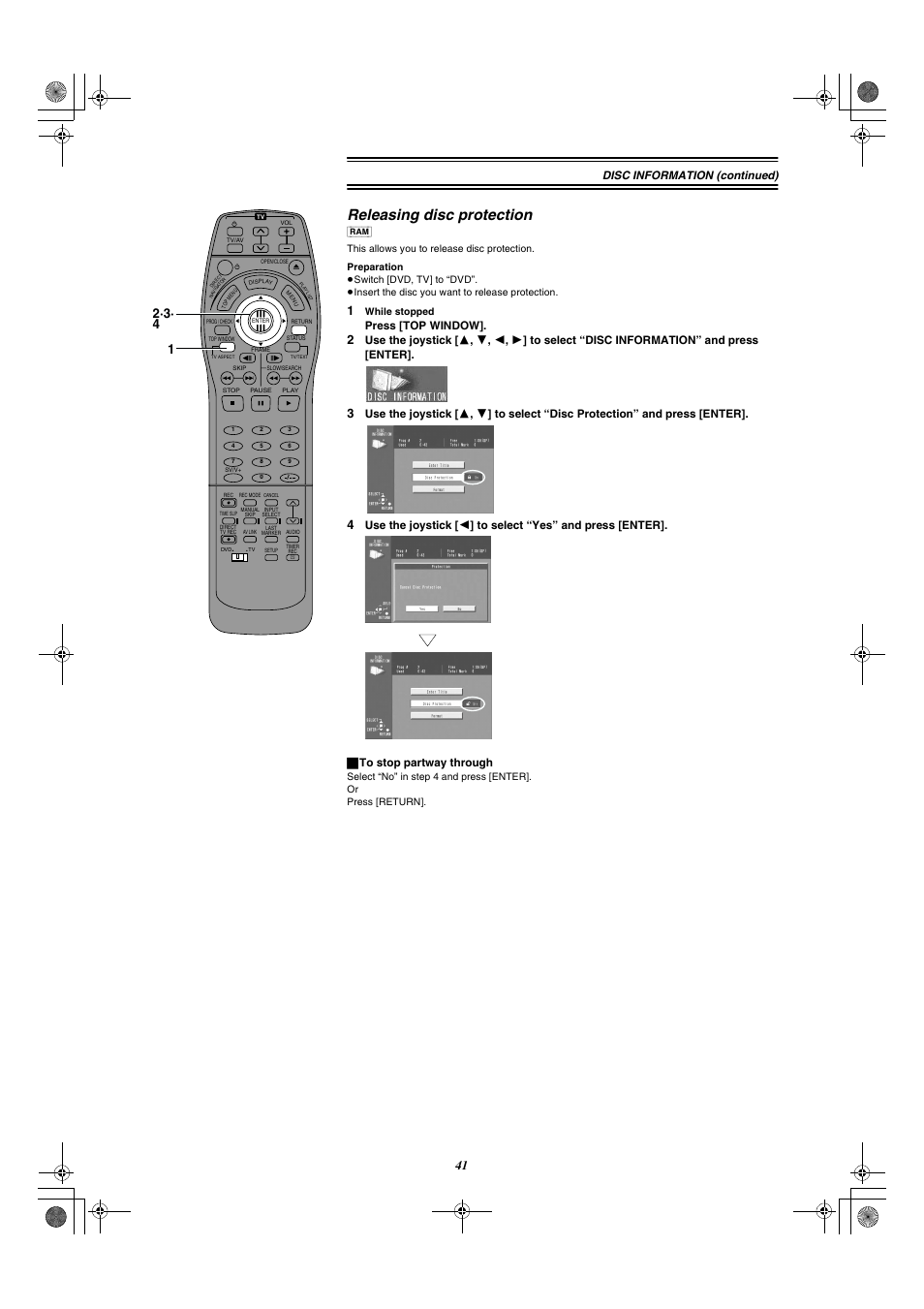 Releasing disc protection, 41) or, Disc information (continued) | Press [top window | Panasonic DMR-E20 User Manual | Page 41 / 95