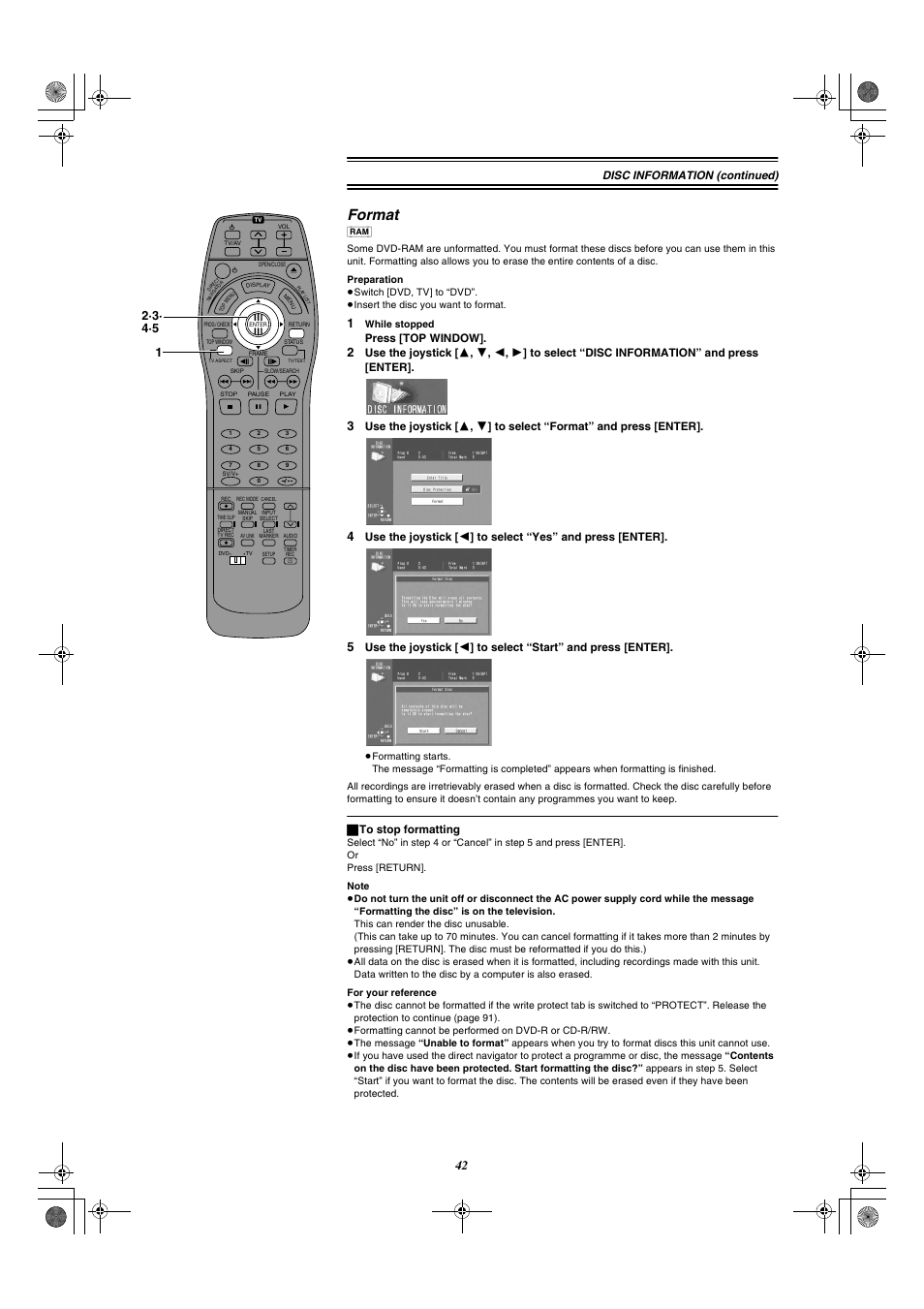 Format, E 42), Disc information (continued) | Press [top window, ª to stop formatting | Panasonic DMR-E20 User Manual | Page 42 / 95