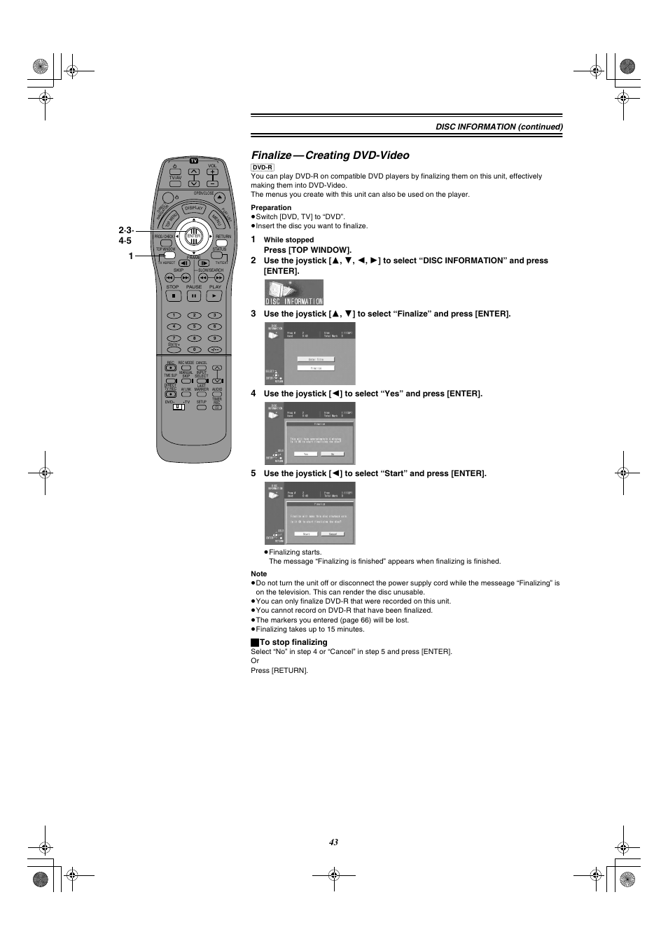 Finalize—creating dvd-video, Finalize — creating dvd-video, Disc information (continued) | Press [top window, ª to stop finalizing | Panasonic DMR-E20 User Manual | Page 43 / 95