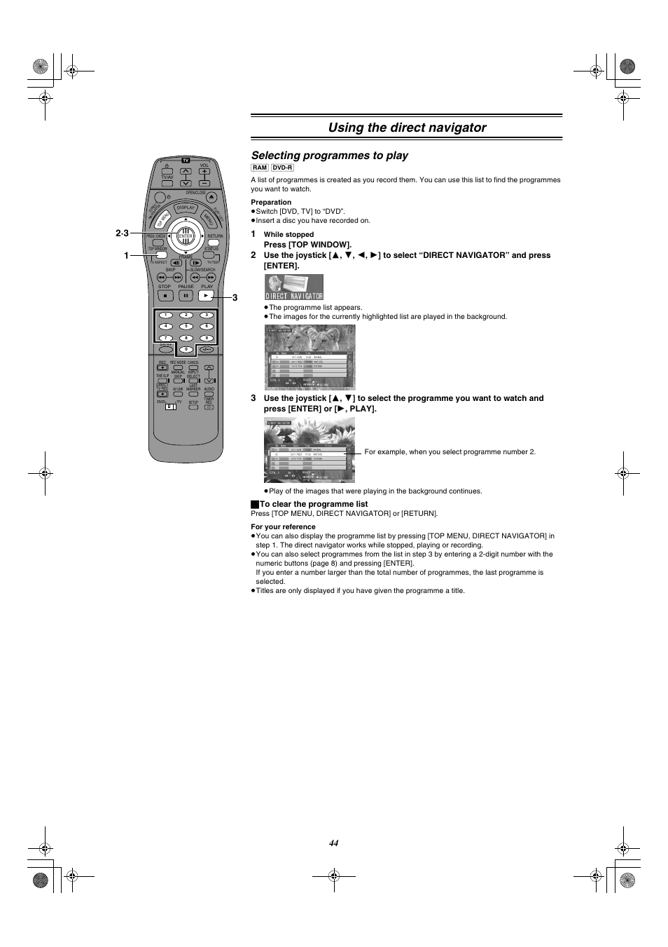 Using the direct navigator, Selecting programmes to play, Press [top window | ª to clear the programme list | Panasonic DMR-E20 User Manual | Page 44 / 95