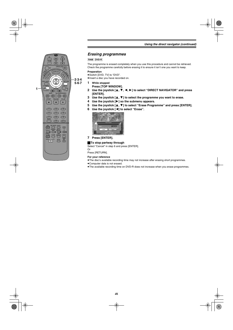 Erasing programmes, Using the direct navigator (continued), Press [top window | Use the joystick [ 1 ] so the submenu appears, Use the joystick [ 2 ] to select “erase, Press [enter]. ª to stop partway through | Panasonic DMR-E20 User Manual | Page 46 / 95