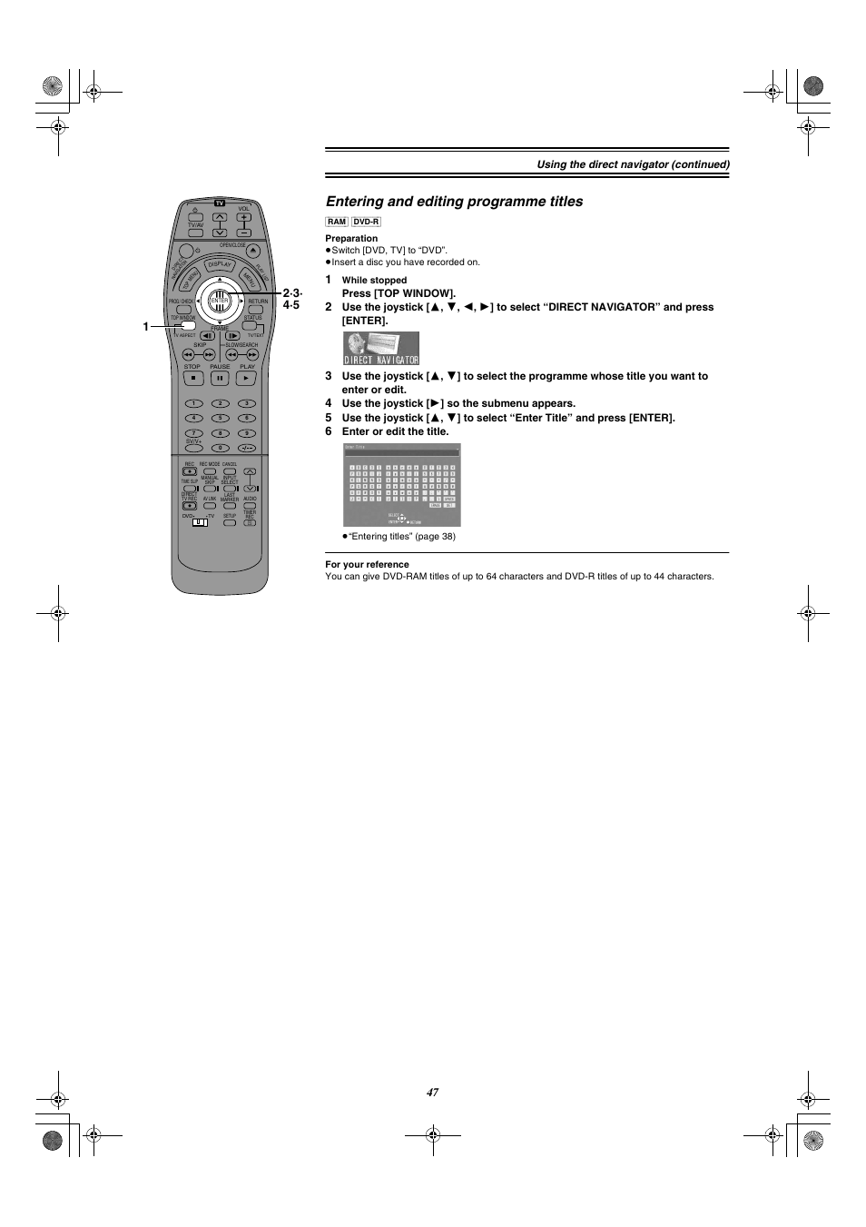 Entering and editing programme titles, Using the direct navigator (continued), Press [top window | Use the joystick [ 1 ] so the submenu appears, Enter or edit the title | Panasonic DMR-E20 User Manual | Page 47 / 95