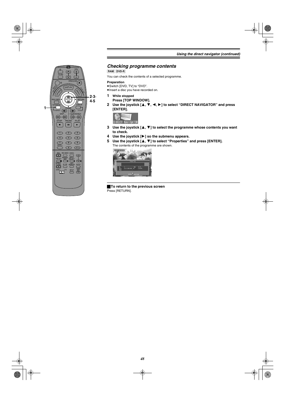 Checking programme contents, Using the direct navigator (continued), Press [top window | Use the joystick [ 1 ] so the submenu appears, ª to return to the previous screen | Panasonic DMR-E20 User Manual | Page 48 / 95