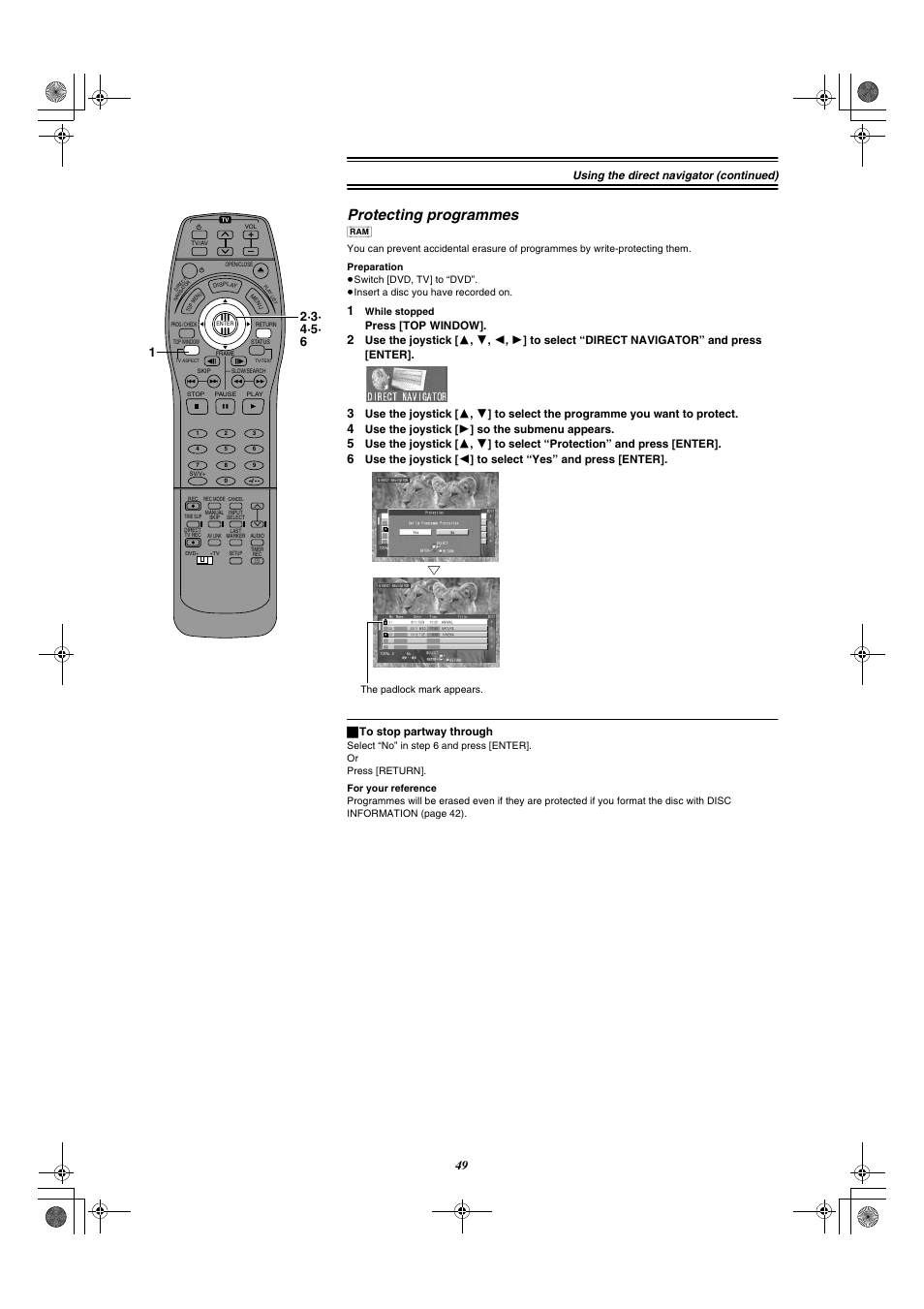 Protecting programmes, Using the direct navigator (continued), Press [top window | Use the joystick [ 1 ] so the submenu appears, ª to stop partway through | Panasonic DMR-E20 User Manual | Page 49 / 95