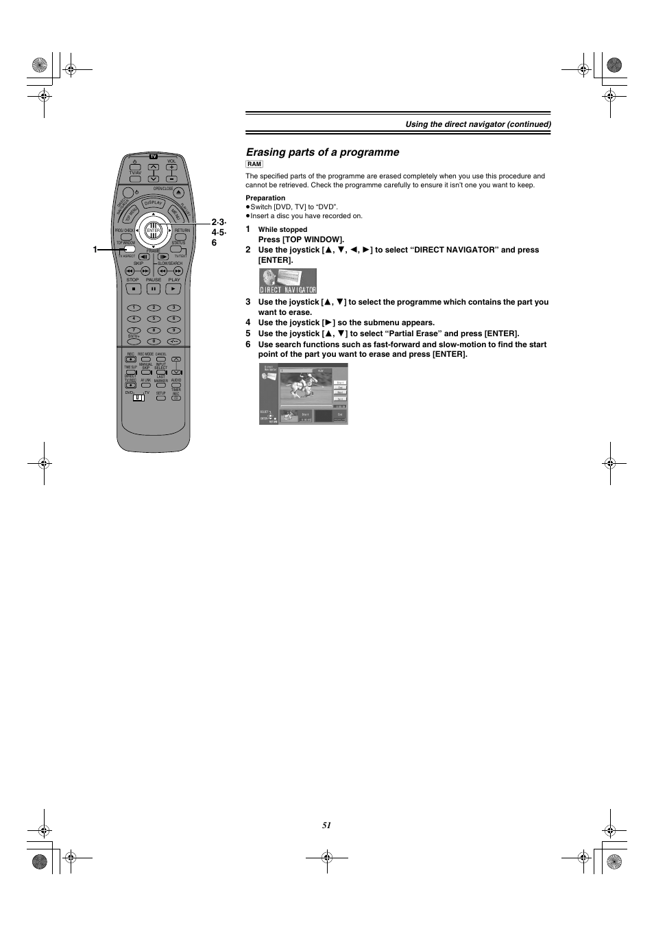 Erasing parts of a programme, Using the direct navigator (continued), Press [top window | Use the joystick [ 1 ] so the submenu appears | Panasonic DMR-E20 User Manual | Page 51 / 95