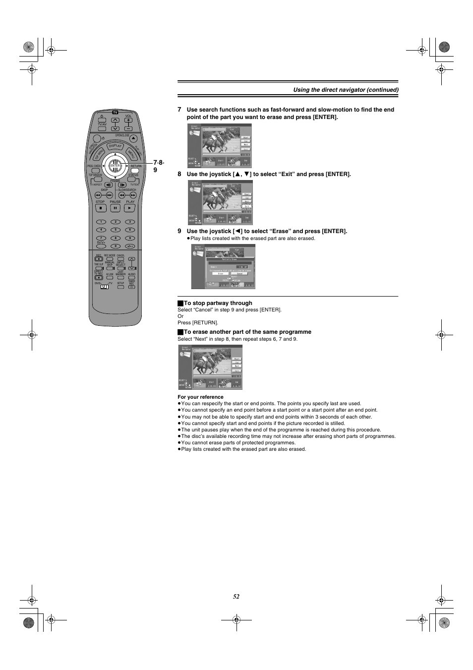 Using the direct navigator (continued), ª to stop partway through, ª to erase another part of the same programme | Panasonic DMR-E20 User Manual | Page 52 / 95