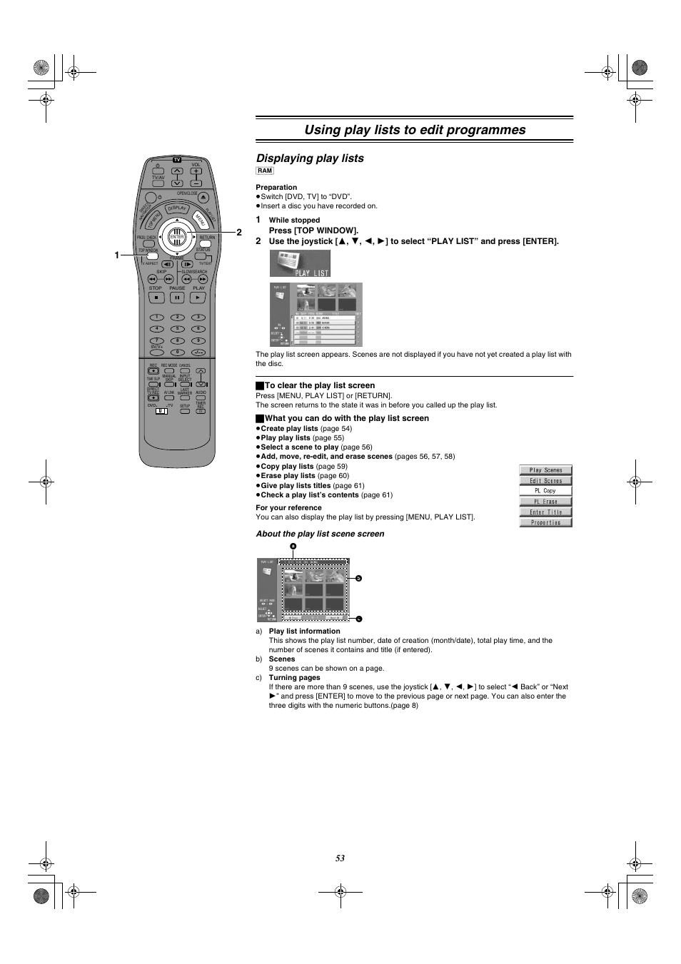 Using play lists to edit programmes, Displaying play lists, About the play list scene screen | Press [top window, ª to clear the play list screen, ª what you can do with the play list screen | Panasonic DMR-E20 User Manual | Page 53 / 95