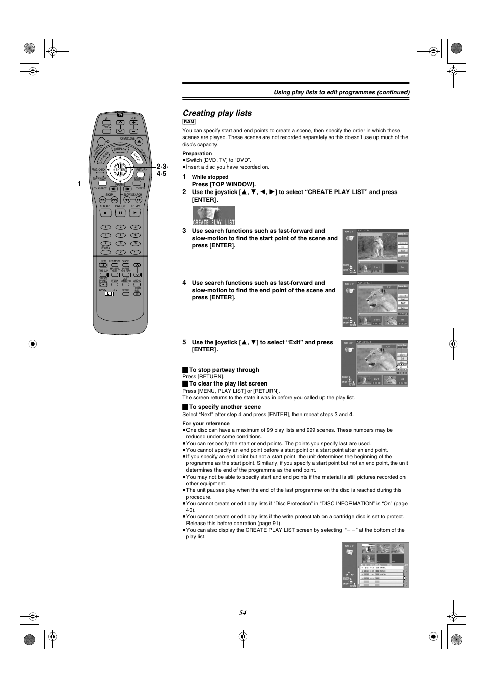 Creating play lists, Using play lists to edit programmes (continued), Press [top window | ª to clear the play list screen, ª to specify another scene | Panasonic DMR-E20 User Manual | Page 54 / 95