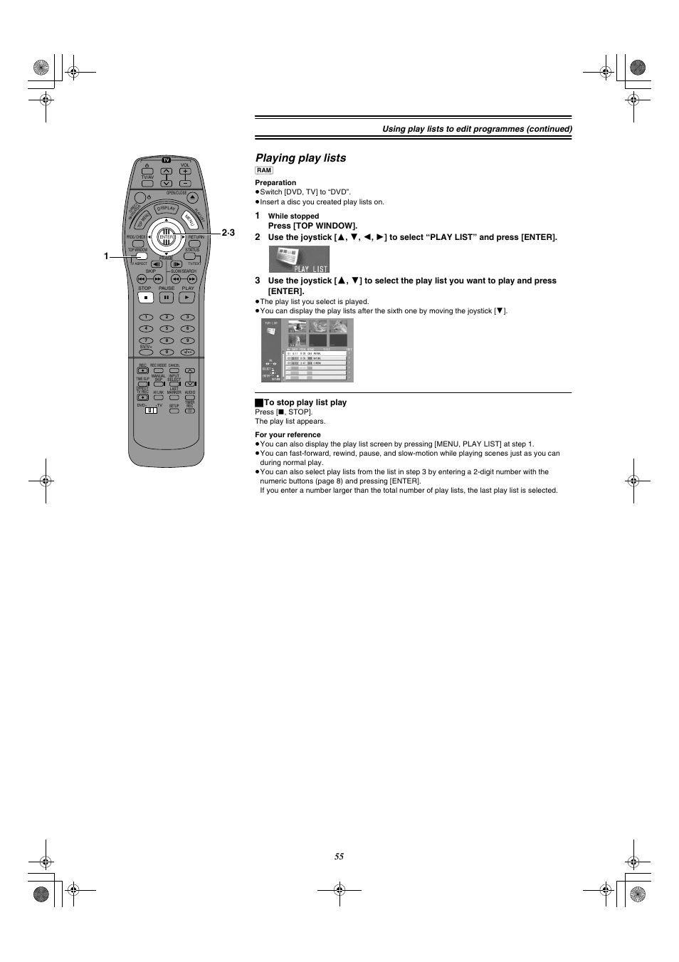 Playing play lists, Using play lists to edit programmes (continued), Press [top window | Use the joystick, ª to stop play list play | Panasonic DMR-E20 User Manual | Page 55 / 95