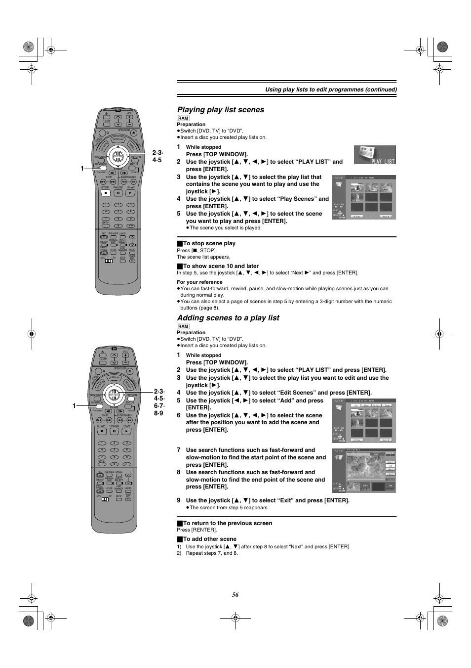 Playing play list scenes, Adding scenes to a play list, Using play lists to edit programmes (continued) | Press [top window, ª to stop scene play, ª to show scene 10 and later, ª to return to the previous screen, ª to add other scene | Panasonic DMR-E20 User Manual | Page 56 / 95