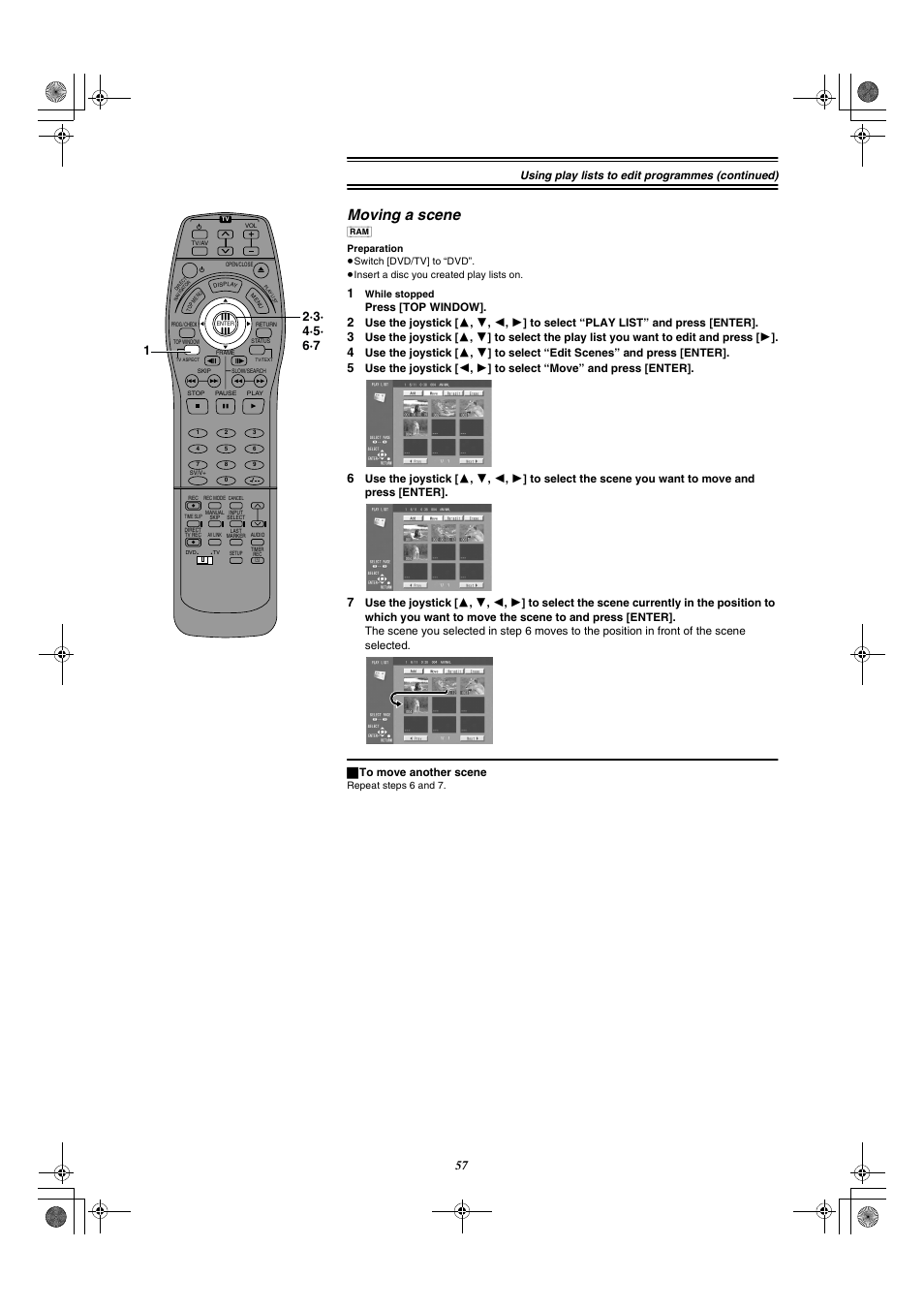 Moving a scene, Using play lists to edit programmes (continued), Press [top window | Panasonic DMR-E20 User Manual | Page 57 / 95