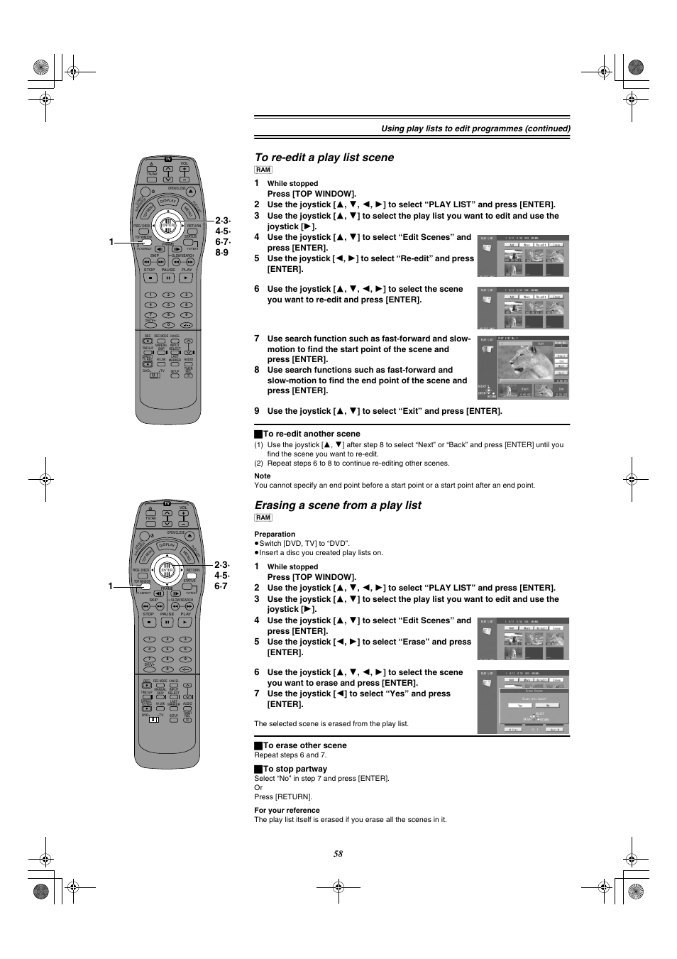 To re-edit a play list scene, Erasing a scene from a play list, Using play lists to edit programmes (continued) | Press [top window, ª to erase other scene, ª to stop partway | Panasonic DMR-E20 User Manual | Page 58 / 95