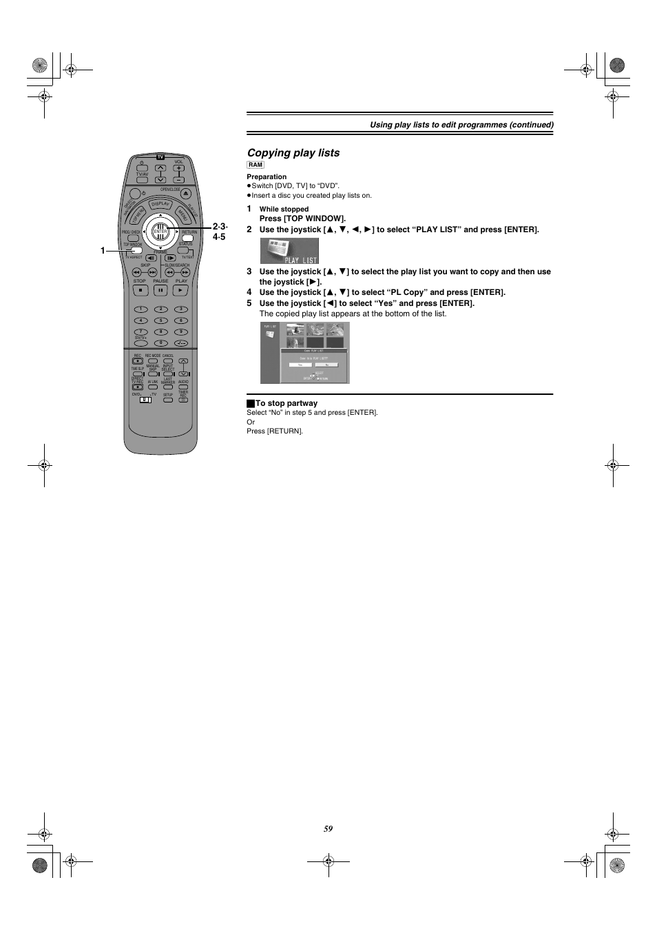 Copying play lists, Age 59), Using play lists to edit programmes (continued) | Press [top window | Panasonic DMR-E20 User Manual | Page 59 / 95