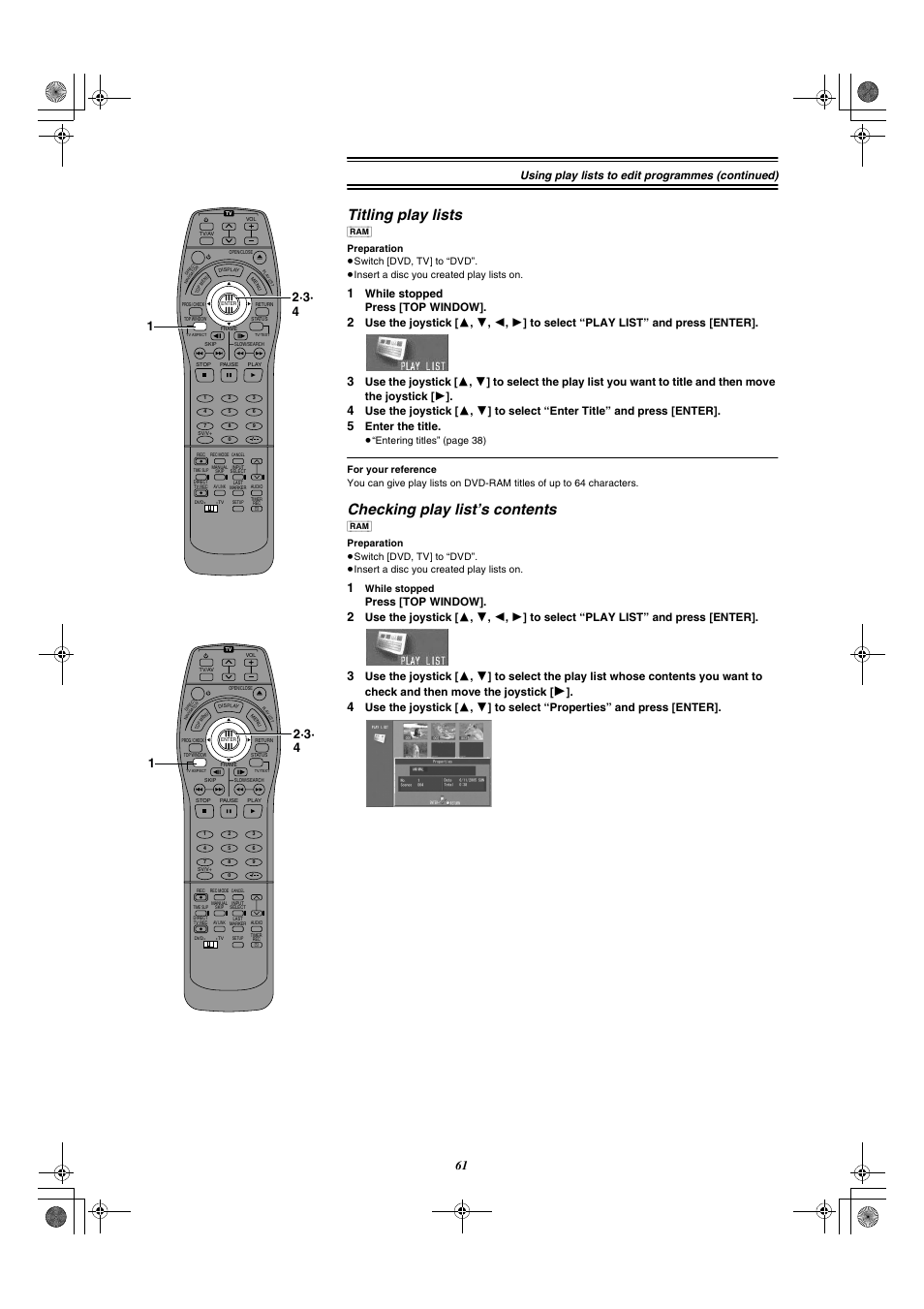 Titling play lists, Checking play list’s contents, E 61) | Using play lists to edit programmes (continued), While stopped press [top window, Enter the title, Press [top window, While stopped | Panasonic DMR-E20 User Manual | Page 61 / 95