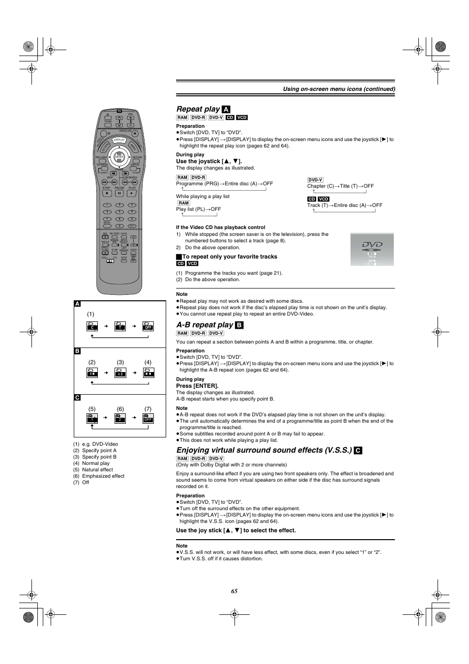 Repeat play (a), A-b repeat play (b), Ge 65) | Repeat play, A-b repeat play, Enjoying virtual surround sound effects (v.s.s.), Using on-screen menu icons (continued) | Panasonic DMR-E20 User Manual | Page 65 / 95