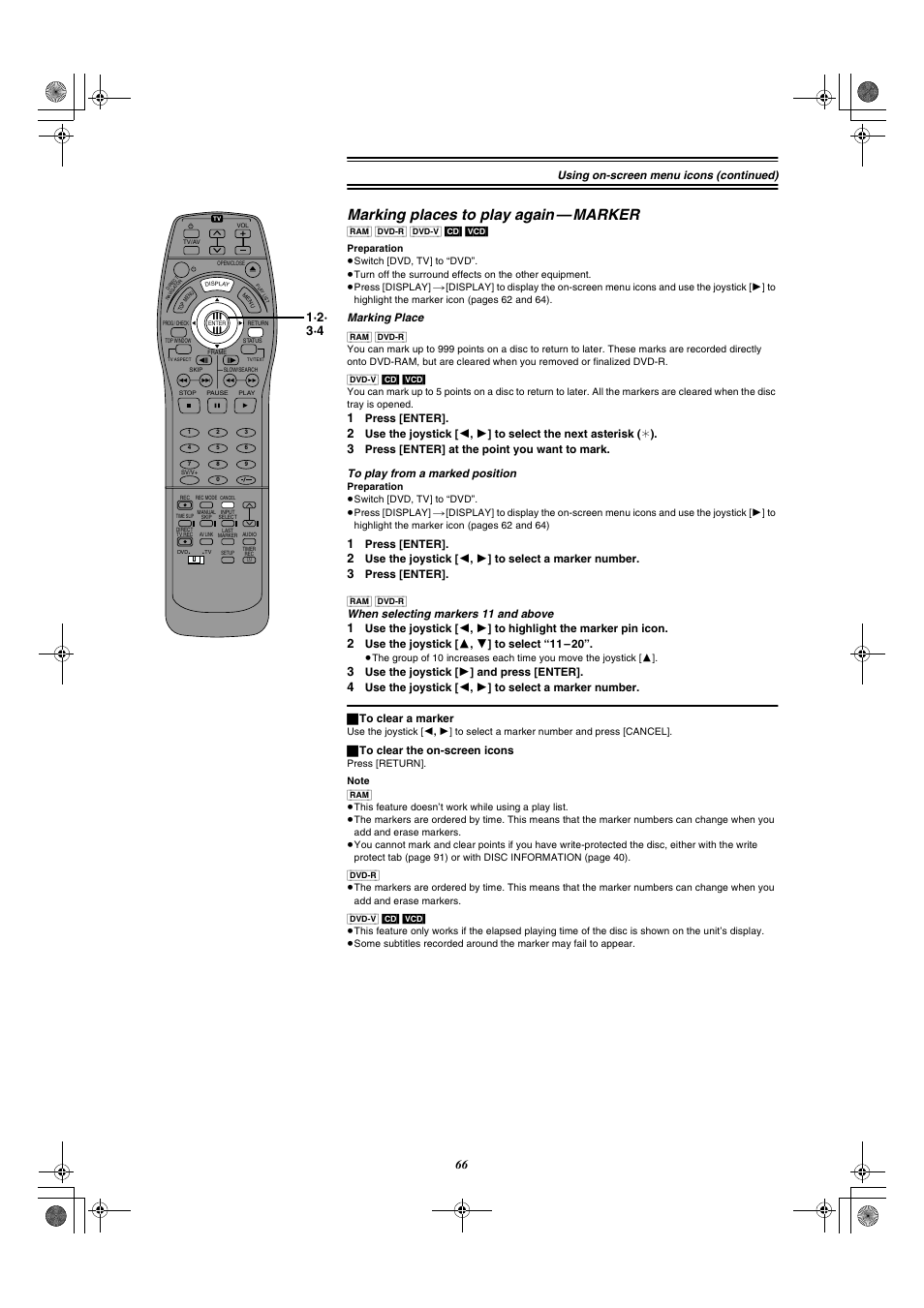 Marking places to play again—marker, Age 66), Marking places to play again — marker | Using on-screen menu icons (continued), Marking place, When selecting markers 11 and above | Panasonic DMR-E20 User Manual | Page 66 / 95