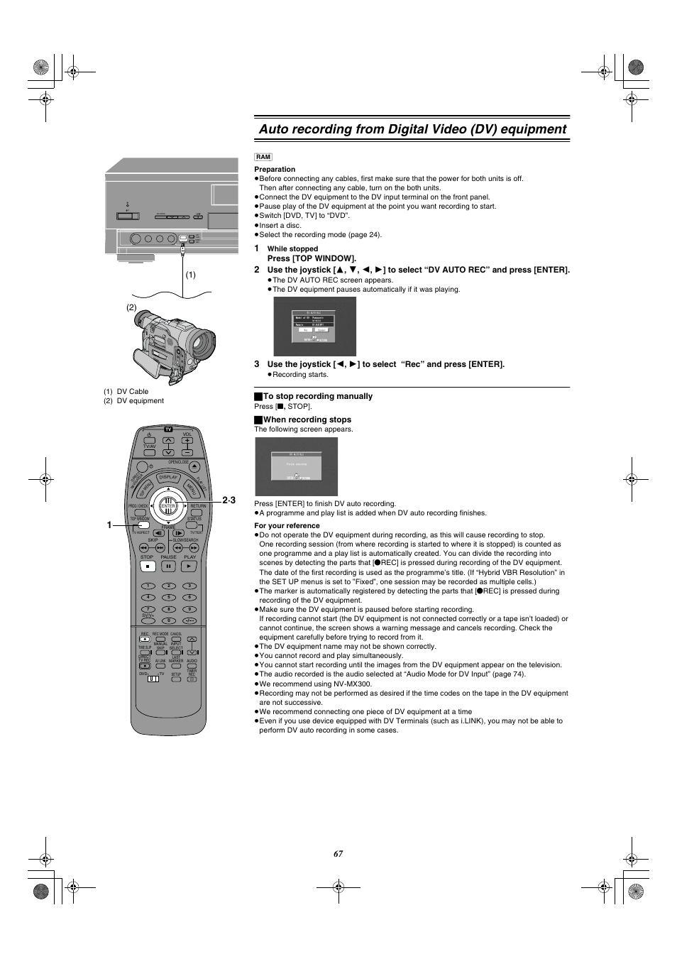 Auto recording from digital video (dv) equipment, Press [top window, ª to stop recording manually | ª when recording stops | Panasonic DMR-E20 User Manual | Page 67 / 95