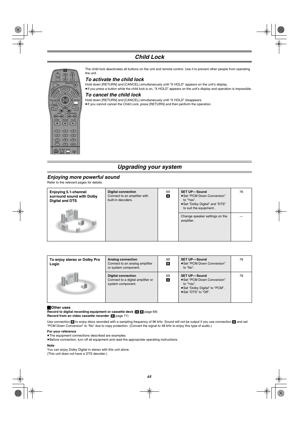 Child lock, To activate the child lock, To cancel the child lock | Upgrading your system, Enjoying more powerful sound, ª other uses | Panasonic DMR-E20 User Manual | Page 68 / 95