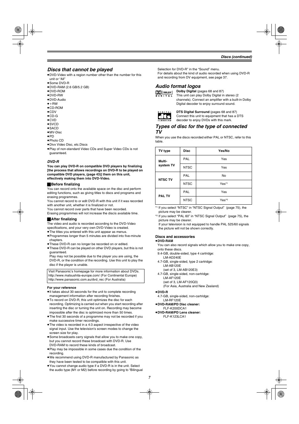 Discs that cannot be played, Audio format logos, Types of disc for the type of connected tv | Panasonic DMR-E20 User Manual | Page 7 / 95