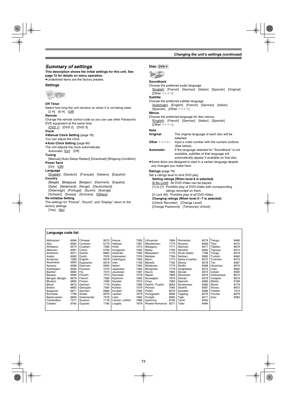 Summary of settings | Panasonic DMR-E20 User Manual | Page 73 / 95