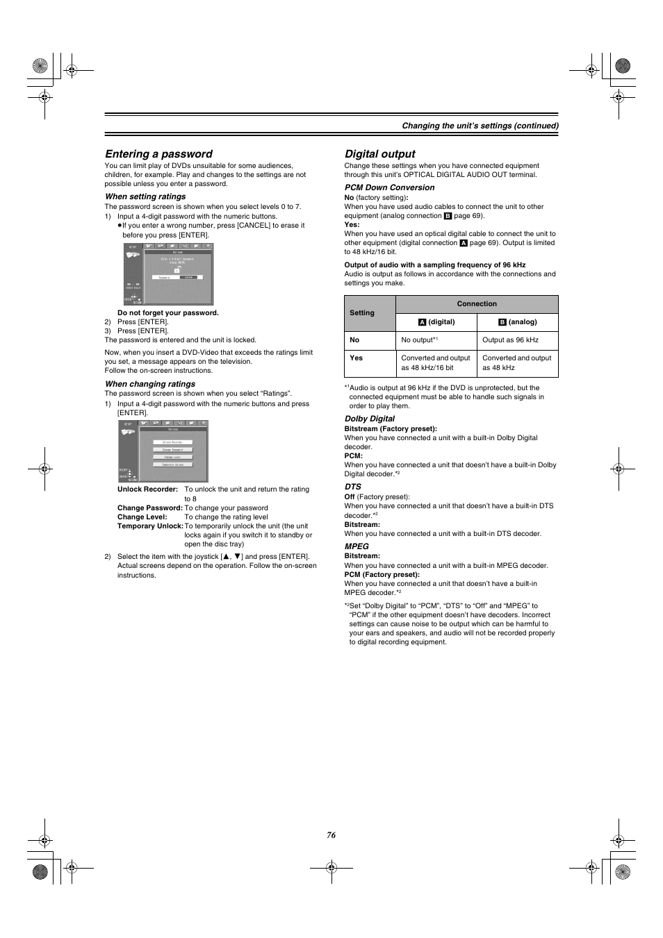 Entering a password, Digital output | Panasonic DMR-E20 User Manual | Page 76 / 95