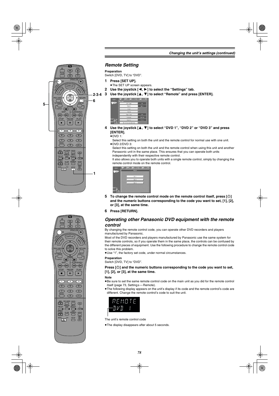 Remote setting, Changing the unit’s settings (continued), Press [set up | Press [return | Panasonic DMR-E20 User Manual | Page 78 / 95